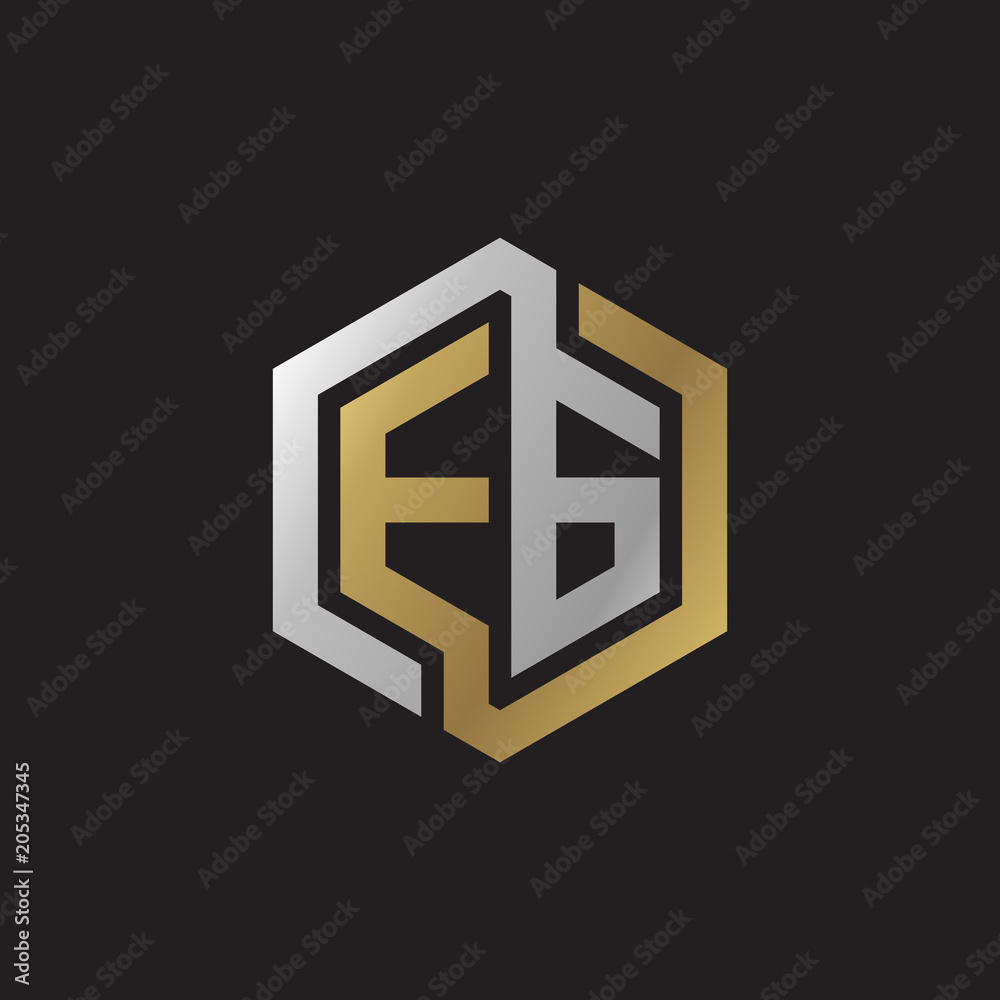 Initial letter EG, looping line, hexagon shape logo, silver gold color on black background Initial letter EG, looping line, hexagon shape logo, silver gold color on black background