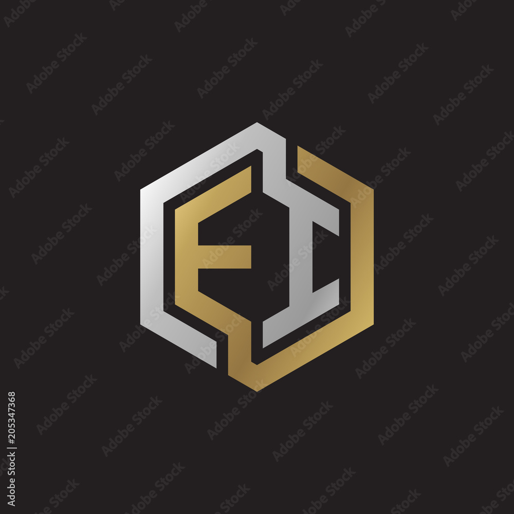 Initial letter EI, looping line, hexagon shape logo, silver gold color on black background Initial letter EI, looping line, hexagon shape logo, silver gold color on black background