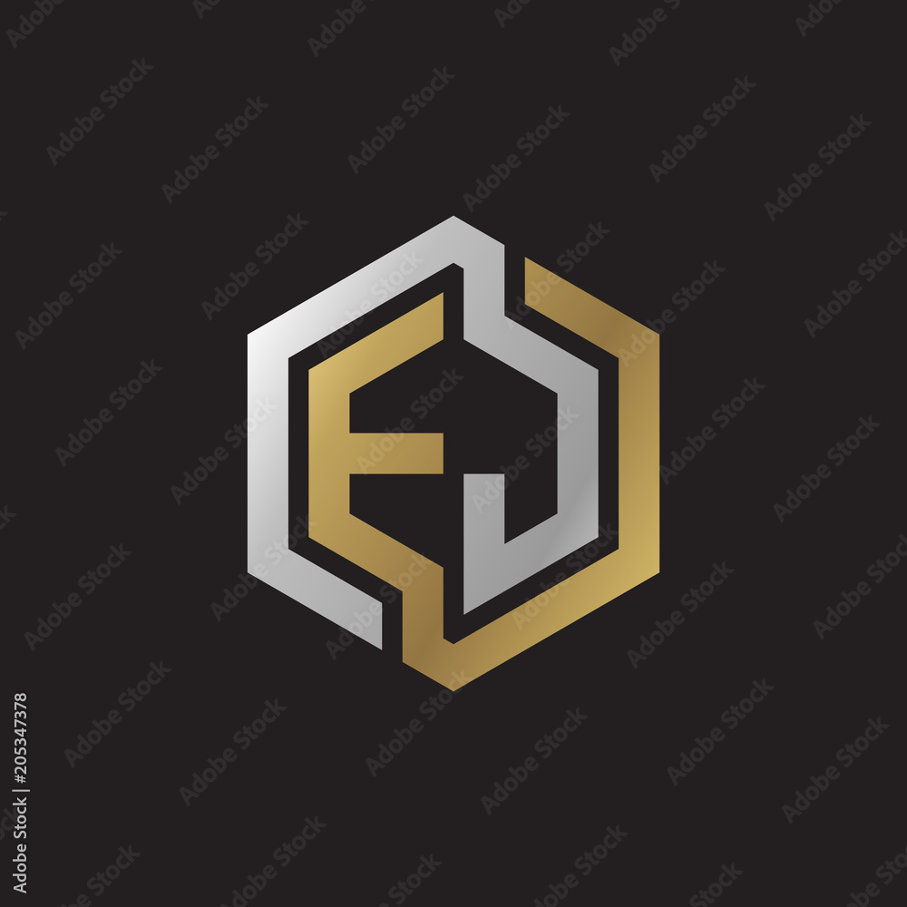 Initial letter EJ, looping line, hexagon shape logo, silver gold color on black background Initial letter EJ, looping line, hexagon shape logo, silver gold color on black background