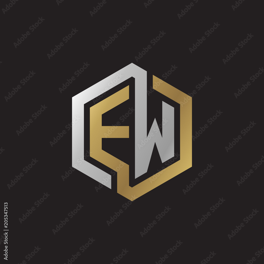 Initial letter EW, looping line, hexagon shape logo, silver gold color on black background Initial letter EW, looping line, hexagon shape logo, silver gold color on black background