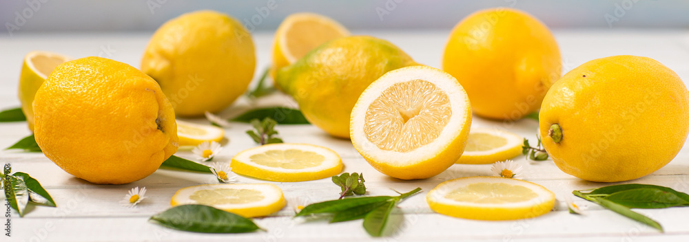 Lemons whole and sliced spread on the Board, decorated with herbs and daisies. panorama Lemons whole and sliced spread on the Board, decorated with herbs and daisies. panorama