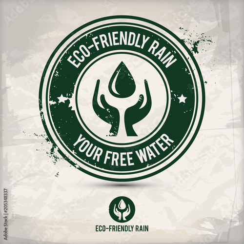 alternative eco friendly rain stamp containing: two environmentally sound eco motifs in circle frames, grunge ink rubber stamp effect, textured carton paper background, eps10 vector illustration