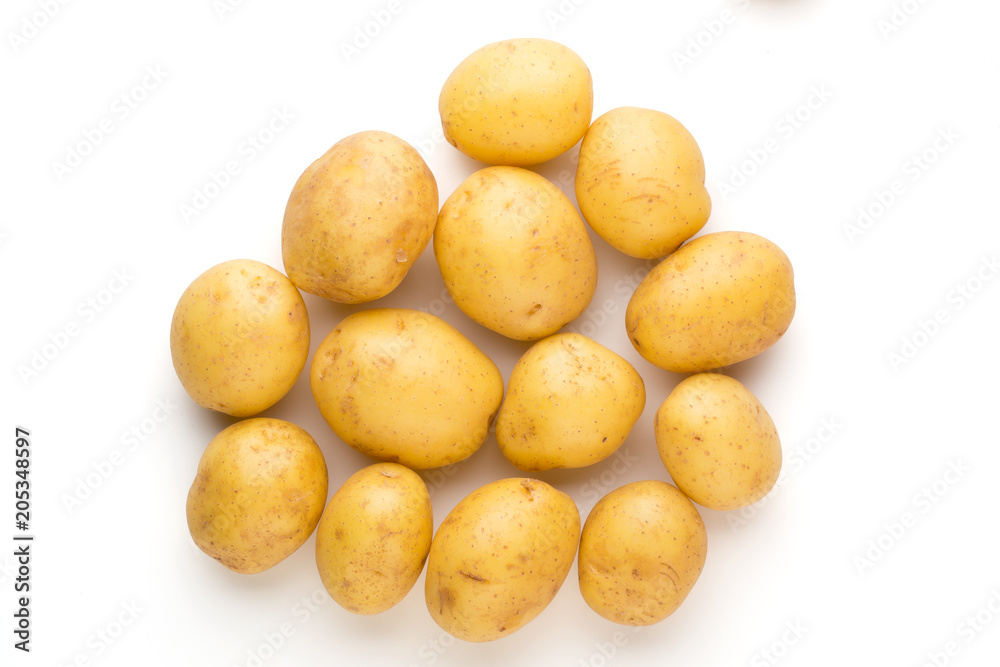 New potato and rosemarin isolated on white background close up. New potato and rosemarin isolated on white background close up.