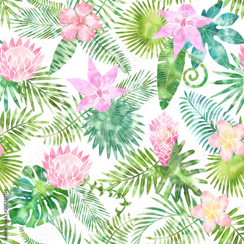 Watercolor seamless pattern with tropical leaves on white background