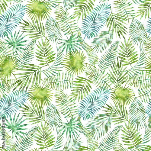 Watercolor tropical green exotic leaves pattern