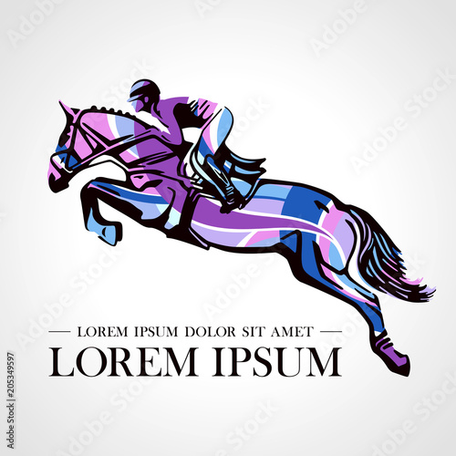 Logo. Design icons. Silhouette of racing horse with jockey. Equestrian sport. Poster. Sport. Jockey riding jumping horse. Vector Illustration.
