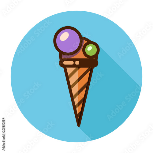 ice cream in a waffle cup, a flat icon with a long shadow on a round blue background. Vector EPS10