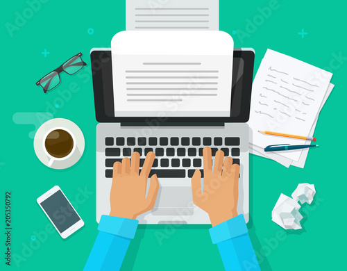 Writer writing on computer paper sheet vector illustration, flat cartoon person editor write electronic book text top view, laptop with writing letter or journal, journalist author working photo