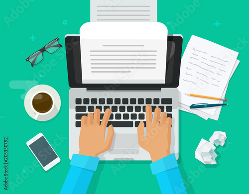 Writer writing on computer paper sheet vector illustration, flat cartoon person editor write electronic book text top view, laptop with writing letter or journal, journalist author working