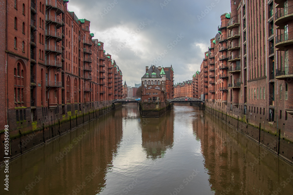 The famous warehouse district (Speicherstadt) in Hamburg, Germany. 