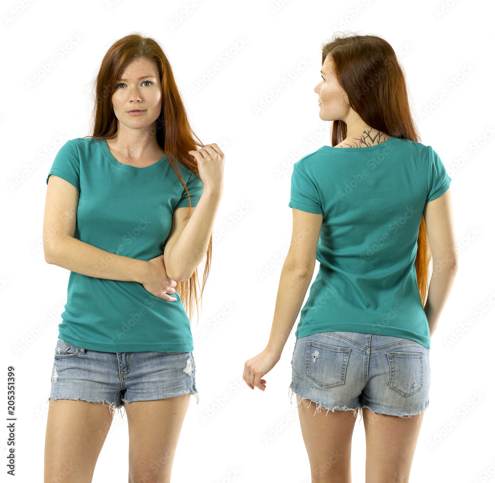 Young woman posing with blank green shirt Young woman posing with blank green shirt