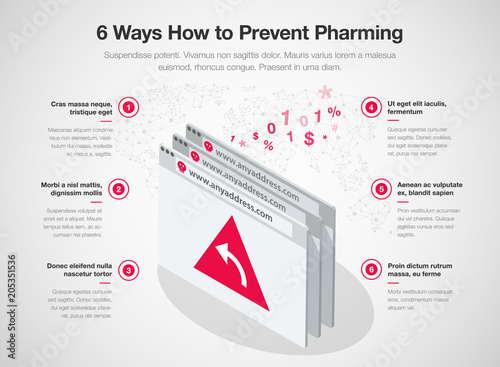Simple Vector infographic for 6 ways how to prevent pharming online fraud template isolated on light background. Easy to use for your website or presentation.