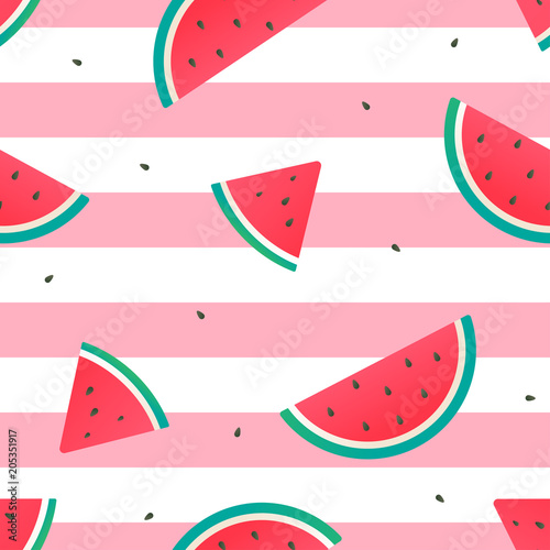 Watermelon Seamless Pattern Vector illustration, watermelon slices on pink and white stripes background.