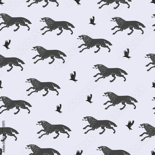 Running wolves and flying crows. Seamless black and white pattern. Design for printing on fabric or paper.