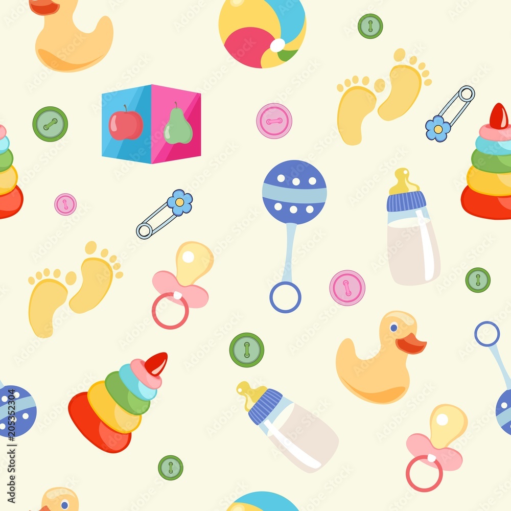 Seamless pattern, background, from a set of beautiful baby icons, vector illustration.