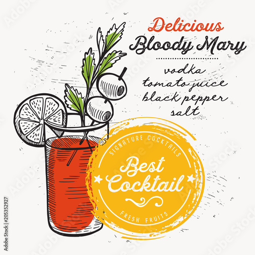 Cocktail bloody mary for bar menu. Vector drink flyer for restaurant and cafe. Design poster with vintage hand-drawn illustrations. photo