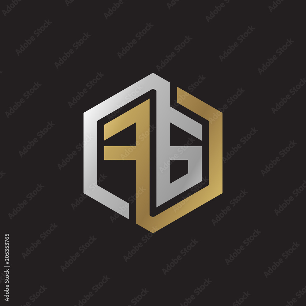 Initial letter FG, looping line, hexagon shape logo, silver gold color on black background Initial letter FG, looping line, hexagon shape logo, silver gold color on black background