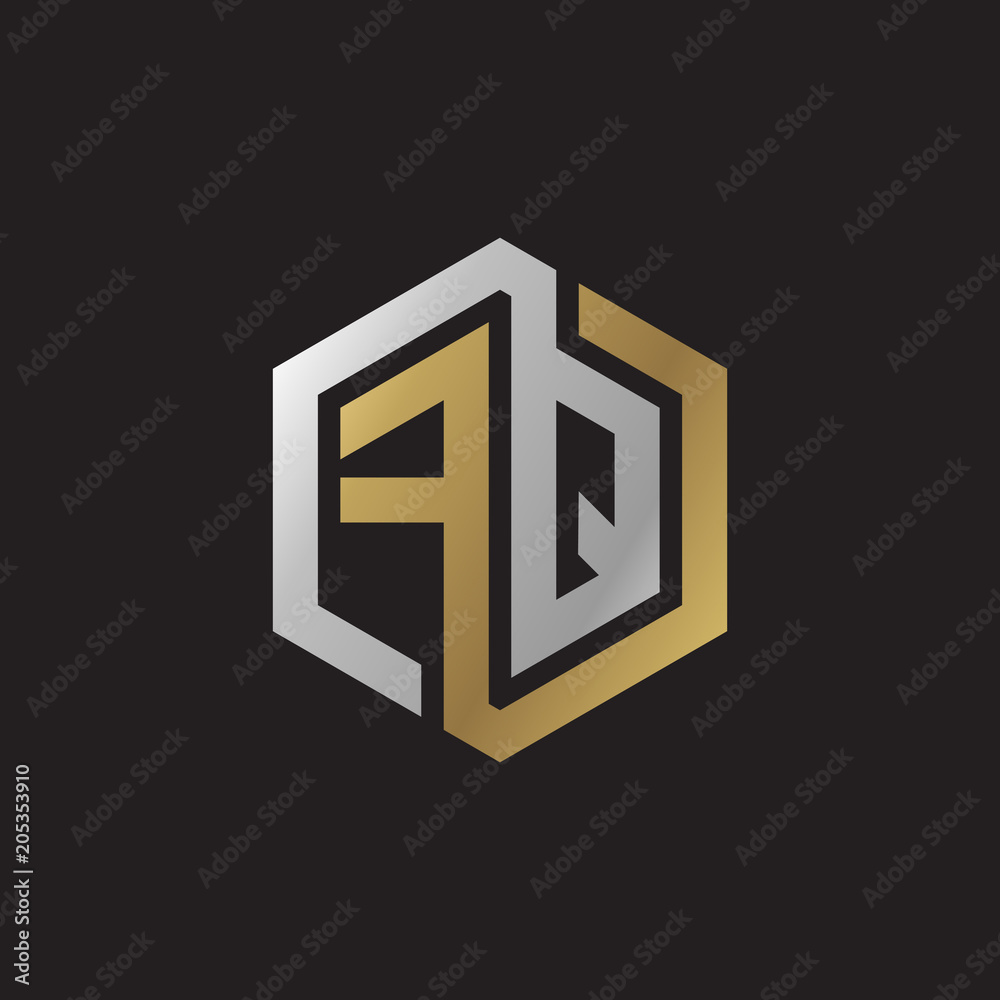 Initial letter FQ, looping line, hexagon shape logo, silver gold color on black background Initial letter FQ, looping line, hexagon shape logo, silver gold color on black background