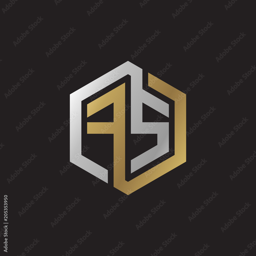 Initial letter FS, looping line, hexagon shape logo, silver gold color on black background Initial letter FS, looping line, hexagon shape logo, silver gold color on black background