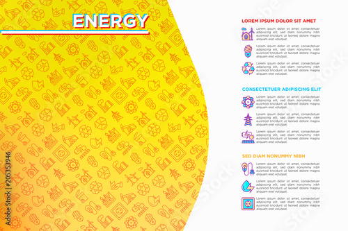 Energy concept with thin line icons: factory, oil platform, hydropower, wind energy, power socket, radioactivity, garbage, recycling, nuclear energy. Modern vector illustration, web page template.