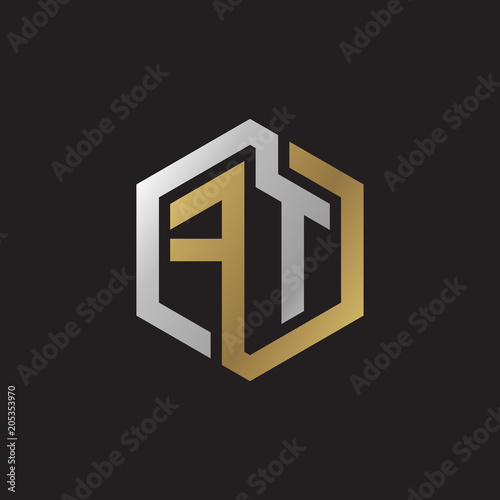 Initial letter FT, looping line, hexagon shape logo, silver gold color on black background