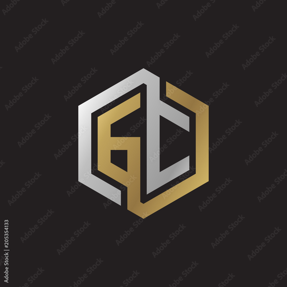 Initial letter GC, looping line, hexagon shape logo, silver gold color on black background Initial letter GC, looping line, hexagon shape logo, silver gold color on black background