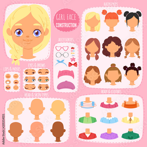 Girl face constructor vector kids character avatar and girlish creation head lips or eyes illustration girlie set of facial elements construction with children hairstyle isolated on background