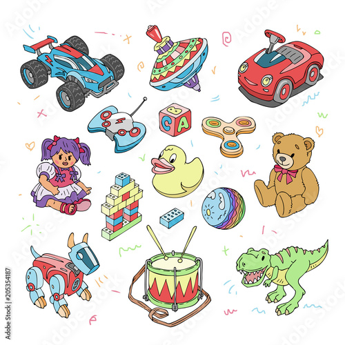 Kids toys vector cartoon games for children in playroom and playing with car or colorful blocks illustration set of teddy bear and dinosaur isolated on white background