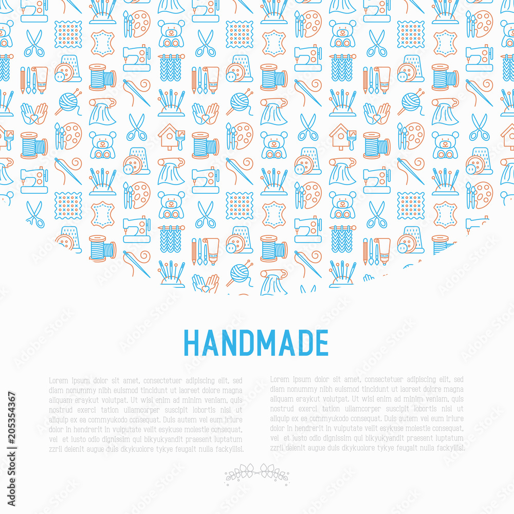 Handmade concept with thin line icons: sewing machine, knitting, needlework, drawing, embroidery, scissors, threads, yarn, pin. Modern vector illustration, template for workshop, print media.