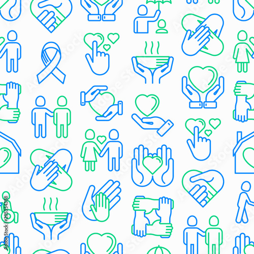 Help and care seamless pattern with thin line icons: symbols of support, help for children and disabled, togetherness, philanthropy and donation. Modern vector illustration. photo
