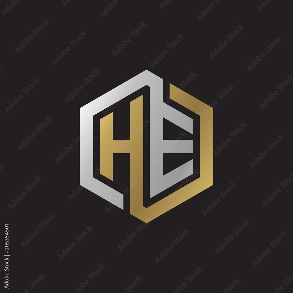 Initial letter HE, looping line, hexagon shape logo, silver gold color on black background
