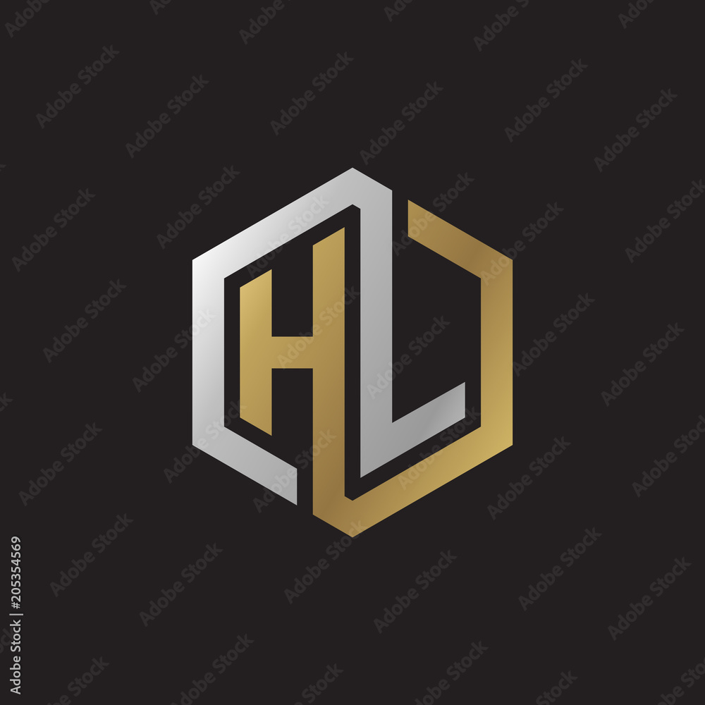 Initial letter HL, looping line, hexagon shape logo, silver gold color on black background Initial letter HL, looping line, hexagon shape logo, silver gold color on black background
