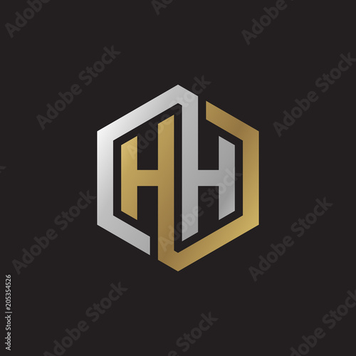 Initial letter HH, looping line, hexagon shape logo, silver gold color on black background