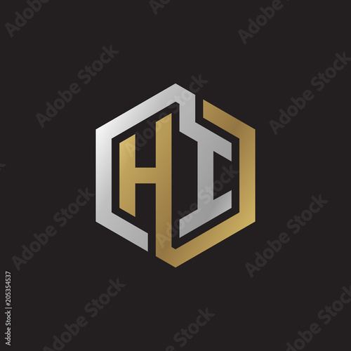 Initial letter HI, looping line, hexagon shape logo, silver gold color on black background