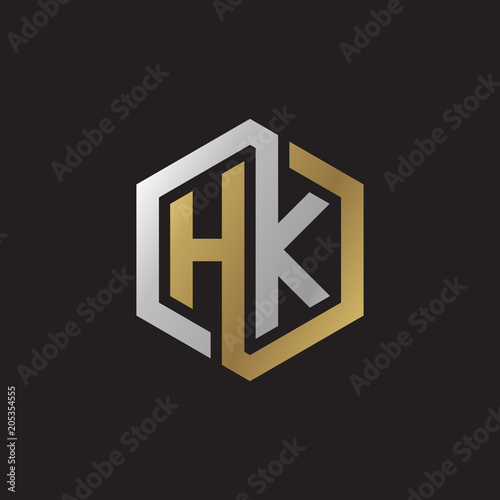 Initial letter HK, looping line, hexagon shape logo, silver gold color on black background