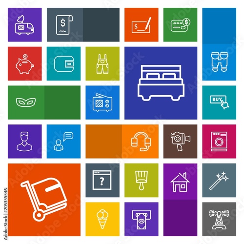 Modern, simple, colorful vector icon set with microphone, celebration, travel, unknown, luggage, antenna, call, paintbrush, signal, bed, paint, buy, communication, bag, baggage, party, laundry icons