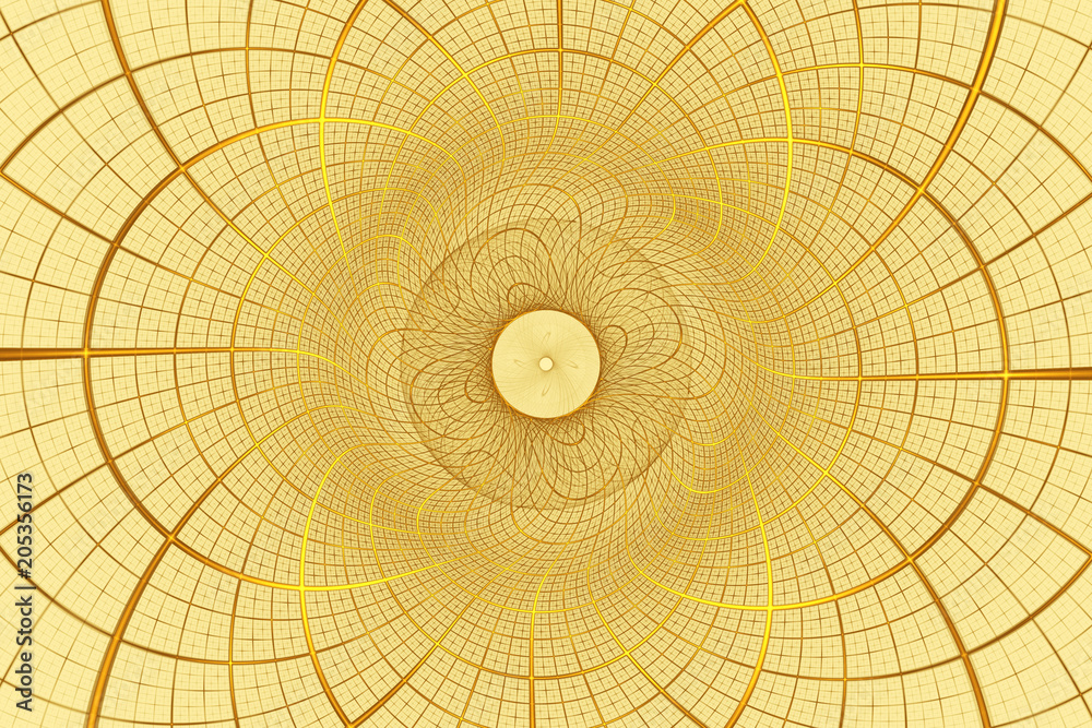 Abstract intricate fractal ornament with swirling golden lines. Psychedelic digital art. 3D rendering.