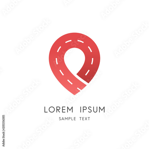 Place pointer logo - dividing strip or separation line on the road and placemark symbol. Destination address, position and location vector icon.