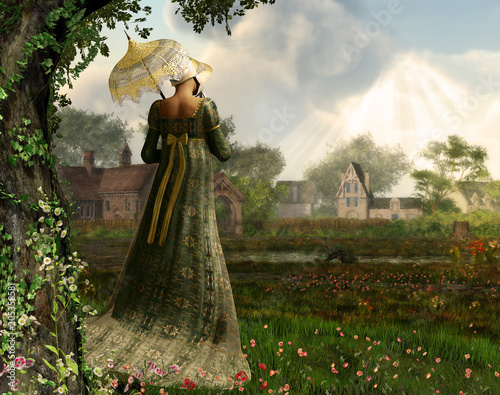 3d render of a Jane Austen style woman strolling countryside photo