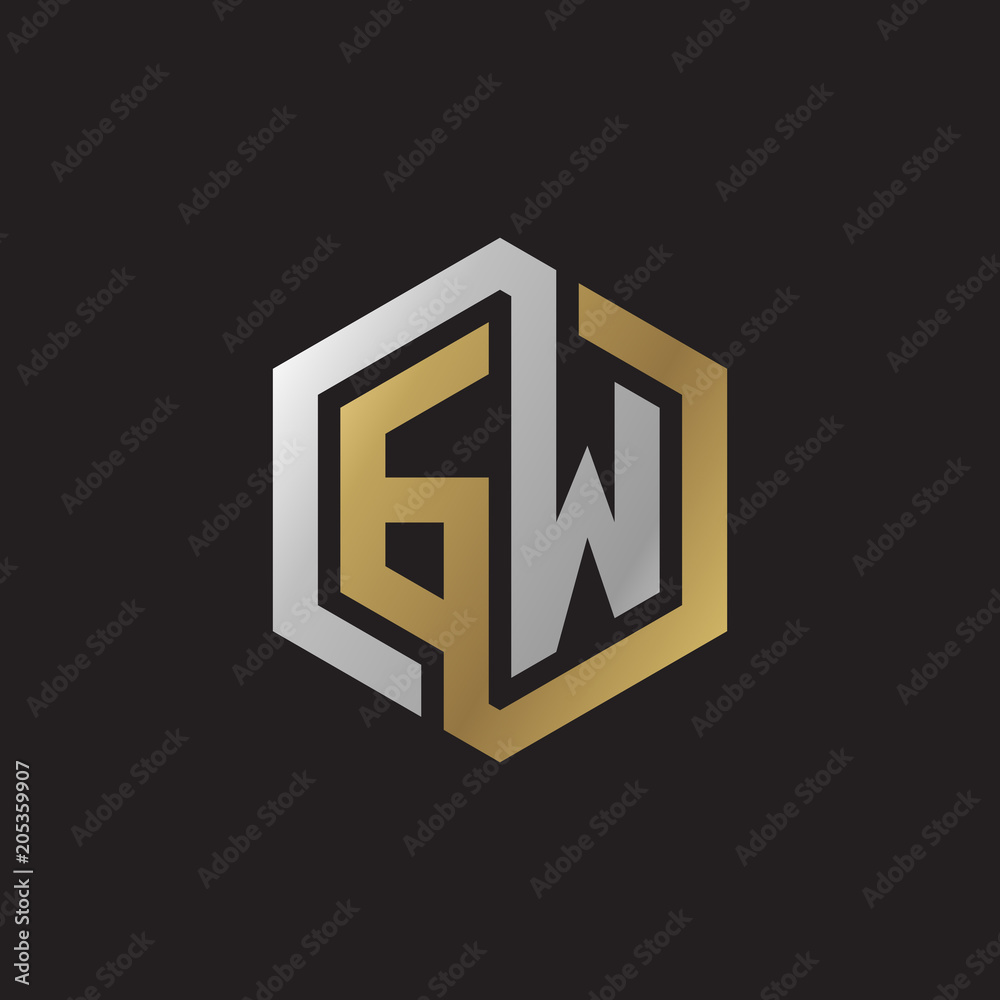Fototapeta premium Initial letter GW, looping line, hexagon shape logo, silver gold color on black background
