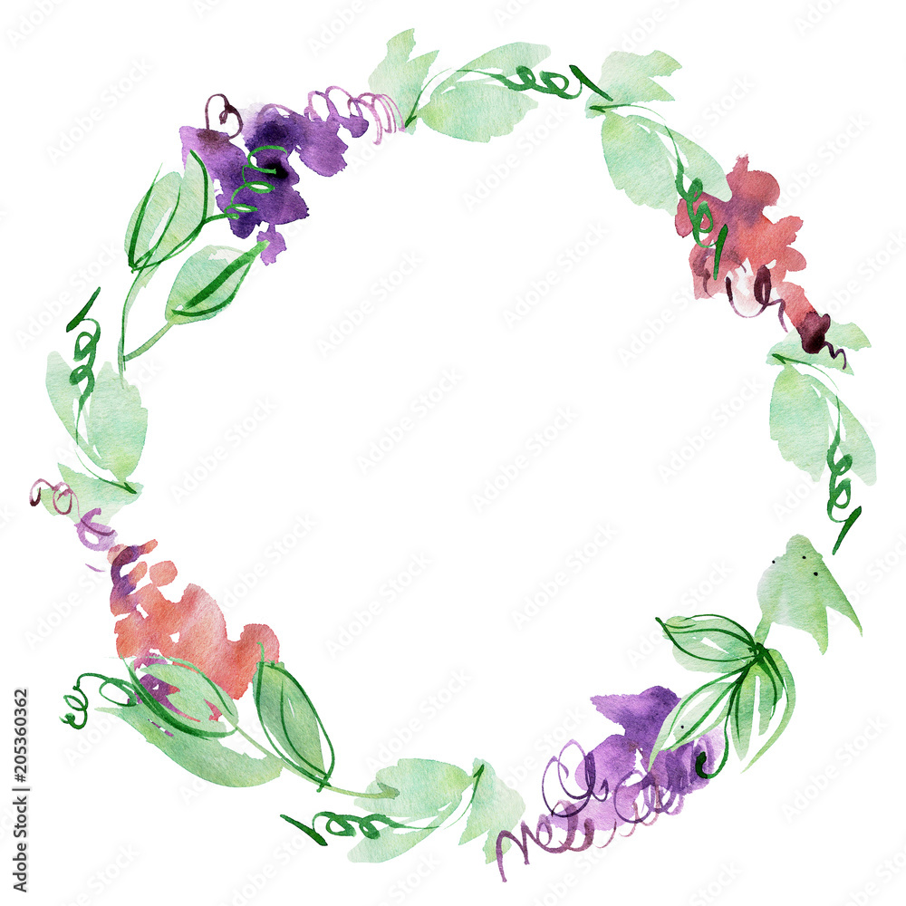 Obraz premium Watercolor hand painted wreath with abstract purple flowers. Elements for design