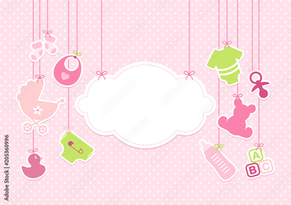 Card Baby Girl Symbols Hanging Cloud Pink - obrazy, fototapety, plakaty 