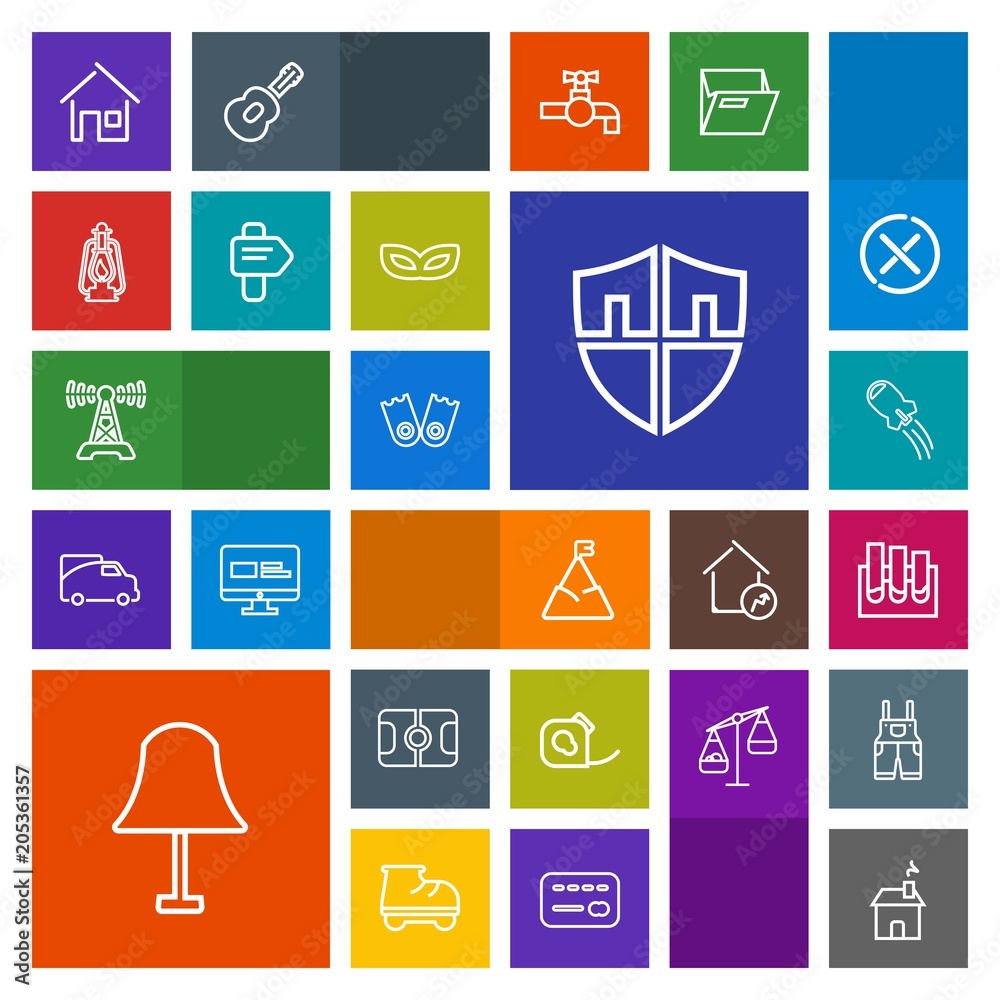 Modern, simple, colorful vector icon set with house, landscape, music, laboratory, estate, football, blue, technology, station, underwater, home, mountain, nature, friction, insulating, flipper icons