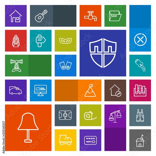 Modern, simple, colorful vector icon set with house, landscape, music, laboratory, estate, football, blue, technology, station, underwater, home, mountain, nature, friction, insulating, flipper icons