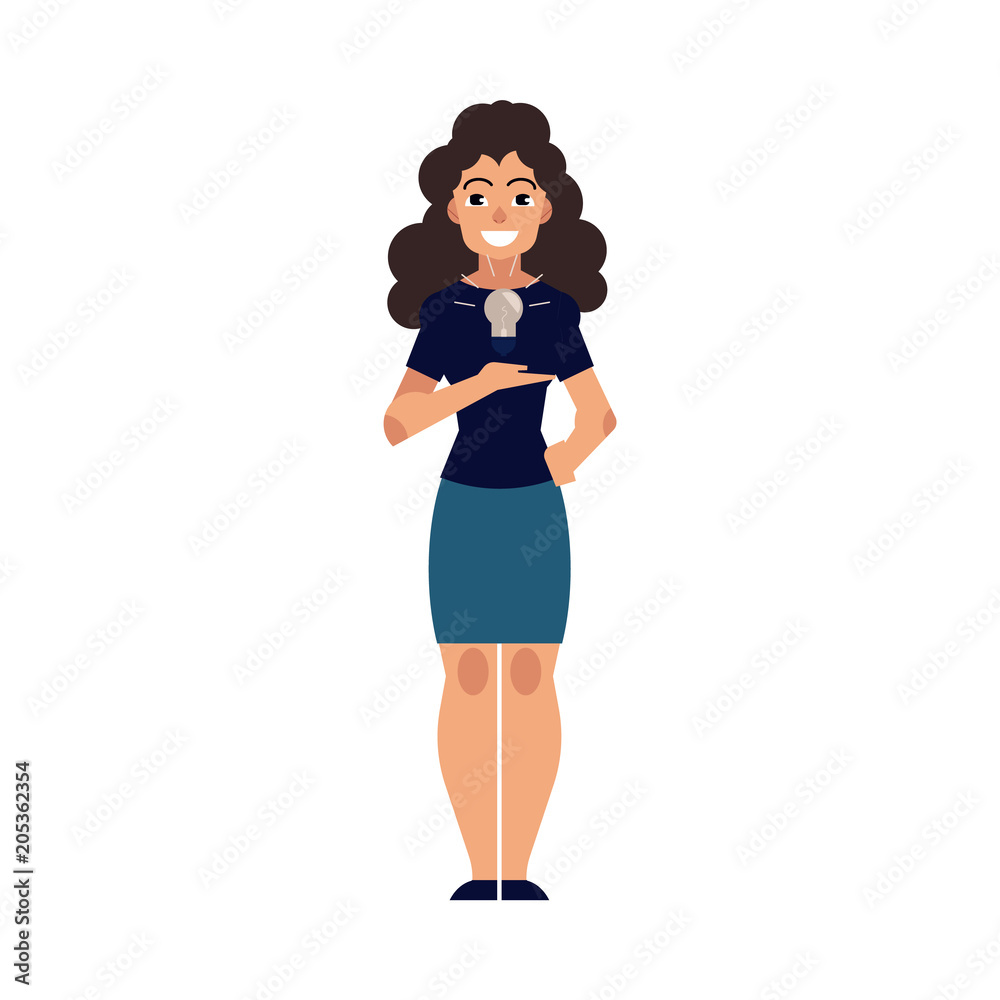 Young woman in office clothing holding illuminting light bulb above hand smiling. Female cute character and symbol of idea, creativity and eureca. Vector flat isolated illustration Young woman in office clothing holding illuminting light bulb above hand smiling. Female cute character and symbol of idea, creativity and eureca. Vector flat isolated illustration