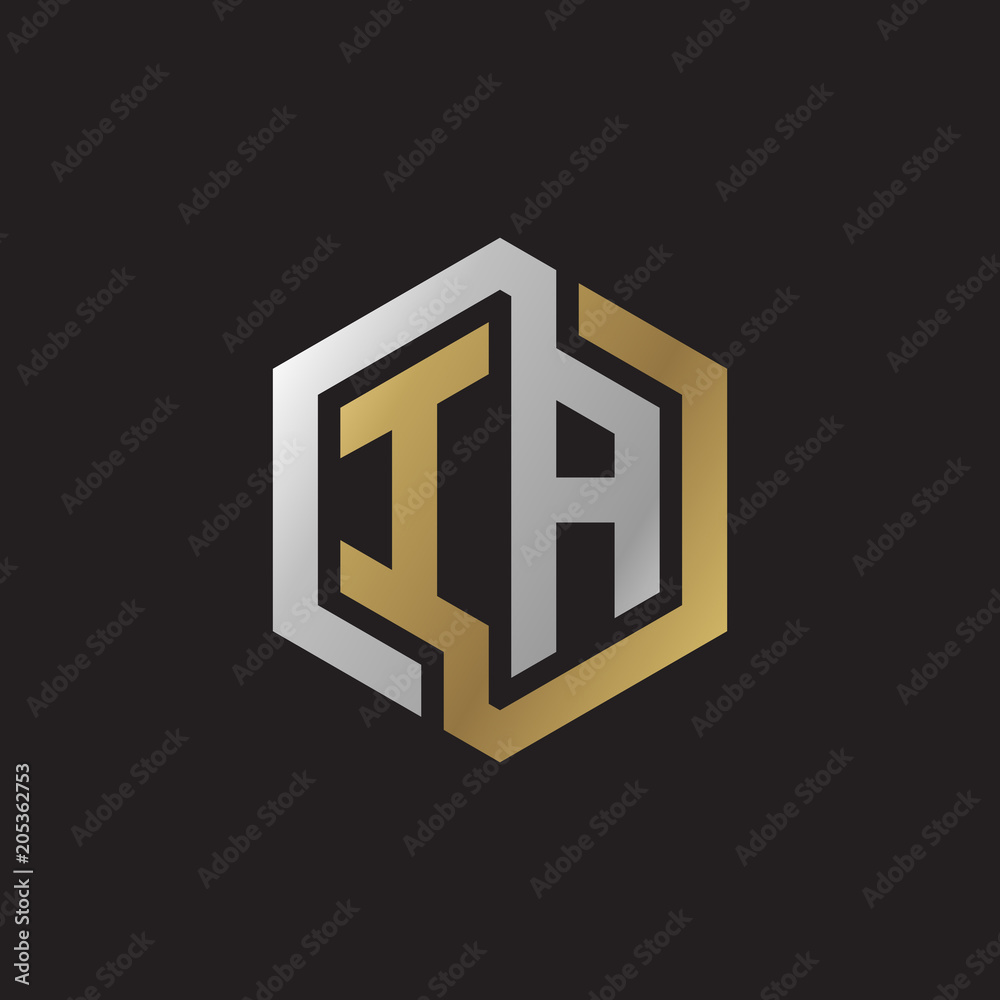 Initial letter IA, looping line, hexagon shape logo, silver gold color on black background