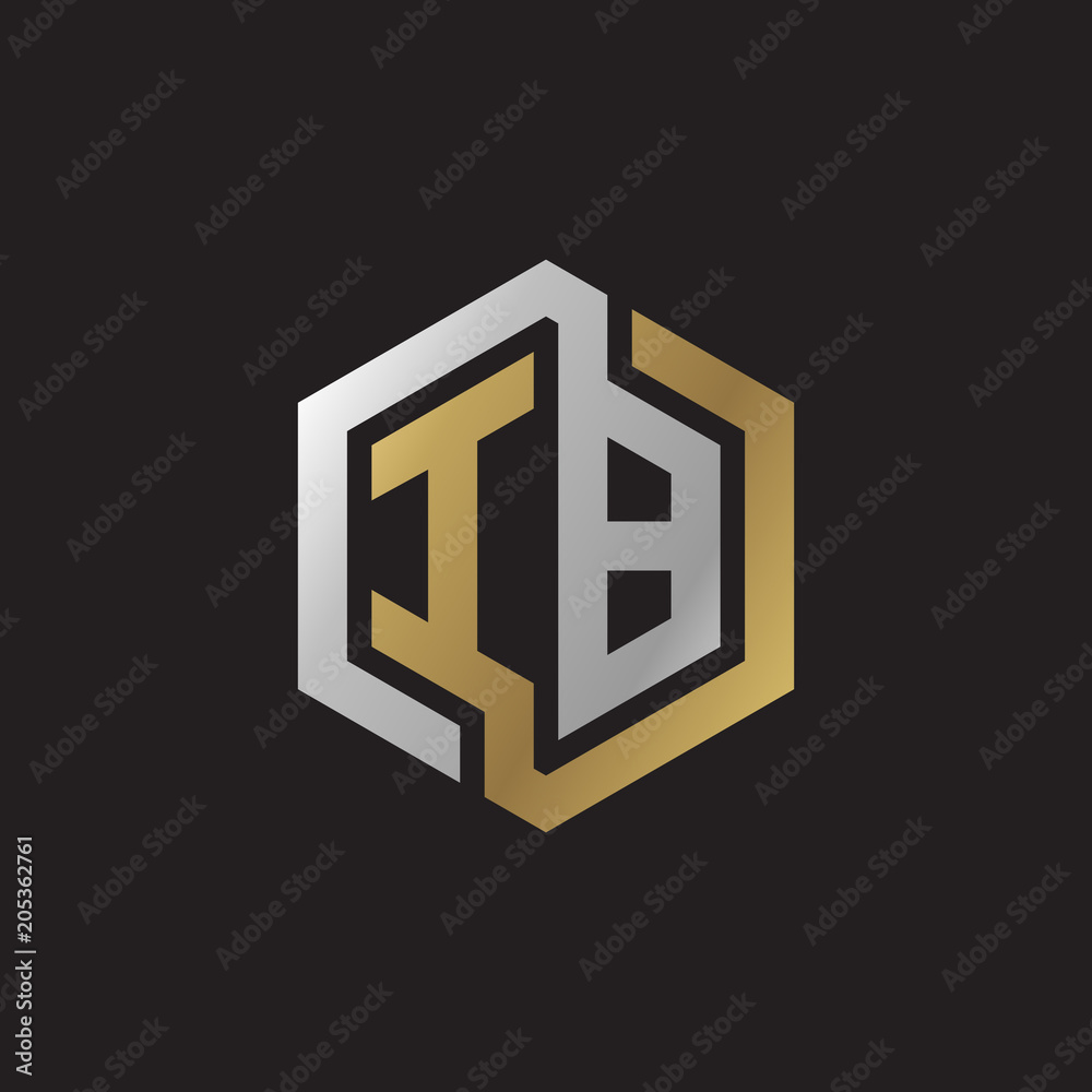 Initial letter IB, looping line, hexagon shape logo, silver gold color on black background Initial letter IB, looping line, hexagon shape logo, silver gold color on black background