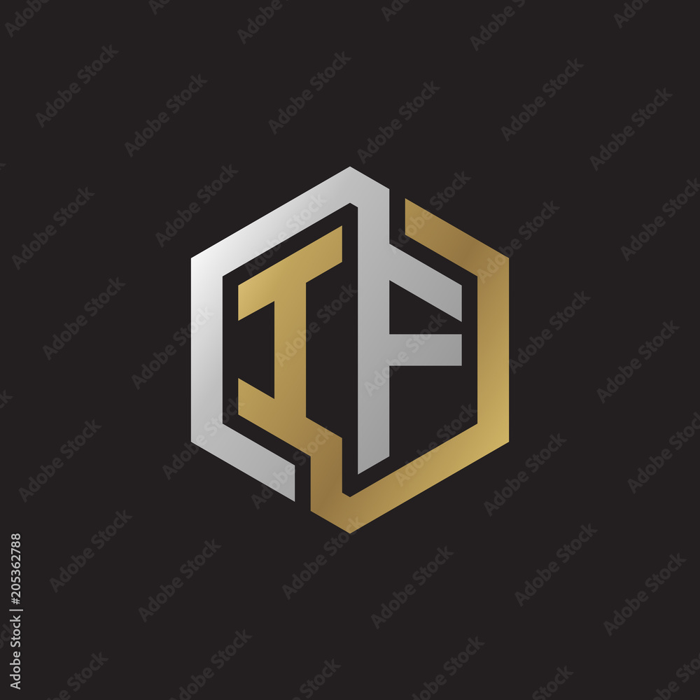 Initial letter IF, looping line, hexagon shape logo, silver gold color on black background Initial letter IF, looping line, hexagon shape logo, silver gold color on black background