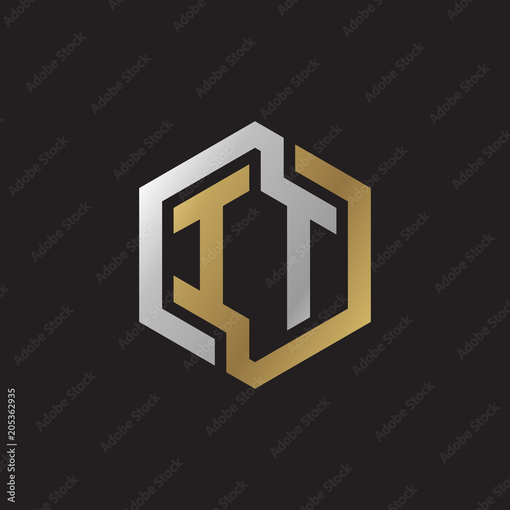 Initial letter IT, looping line, hexagon shape logo, silver gold color on black background Initial letter IT, looping line, hexagon shape logo, silver gold color on black background