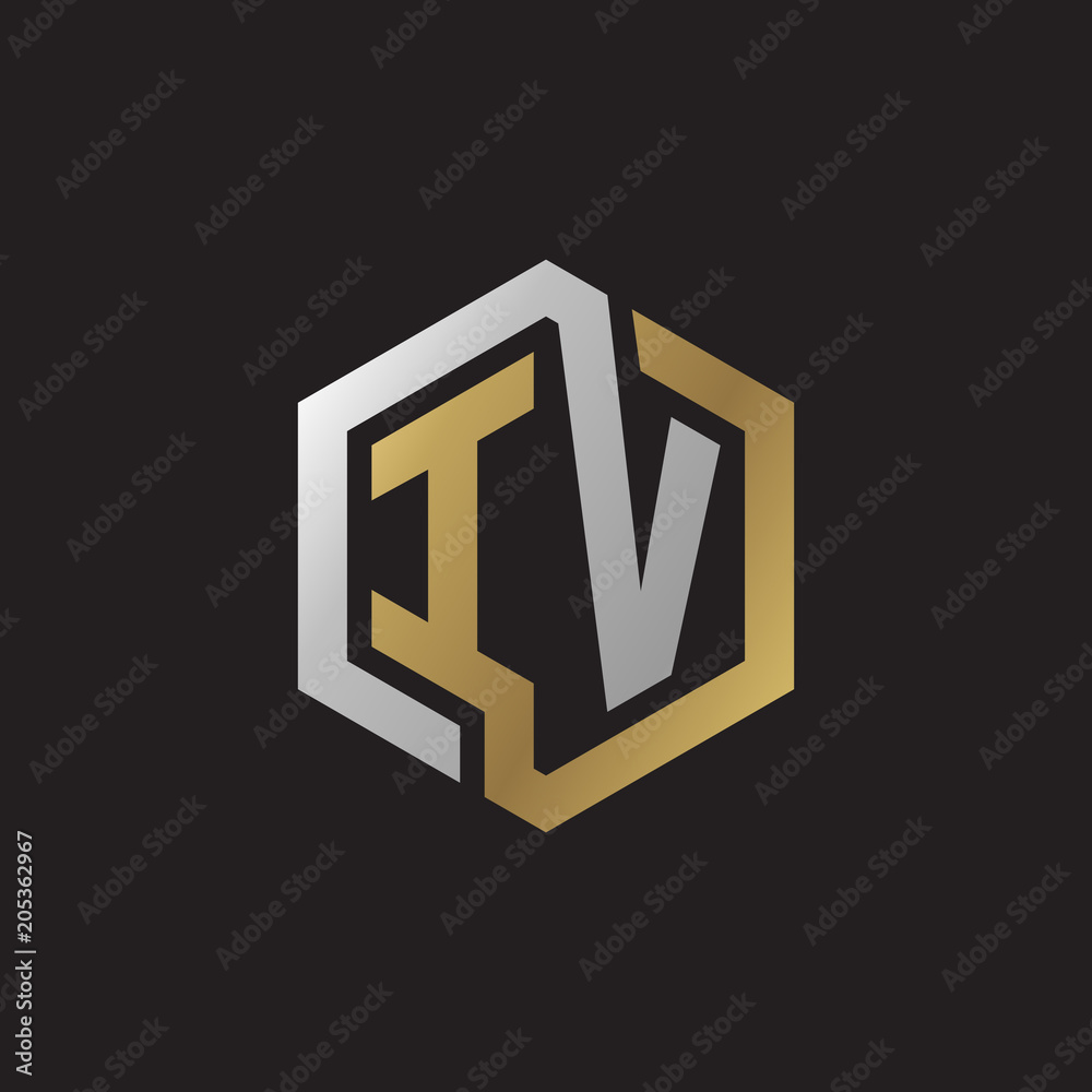 Initial letter IV, looping line, hexagon shape logo, silver gold color on black background Initial letter IV, looping line, hexagon shape logo, silver gold color on black background